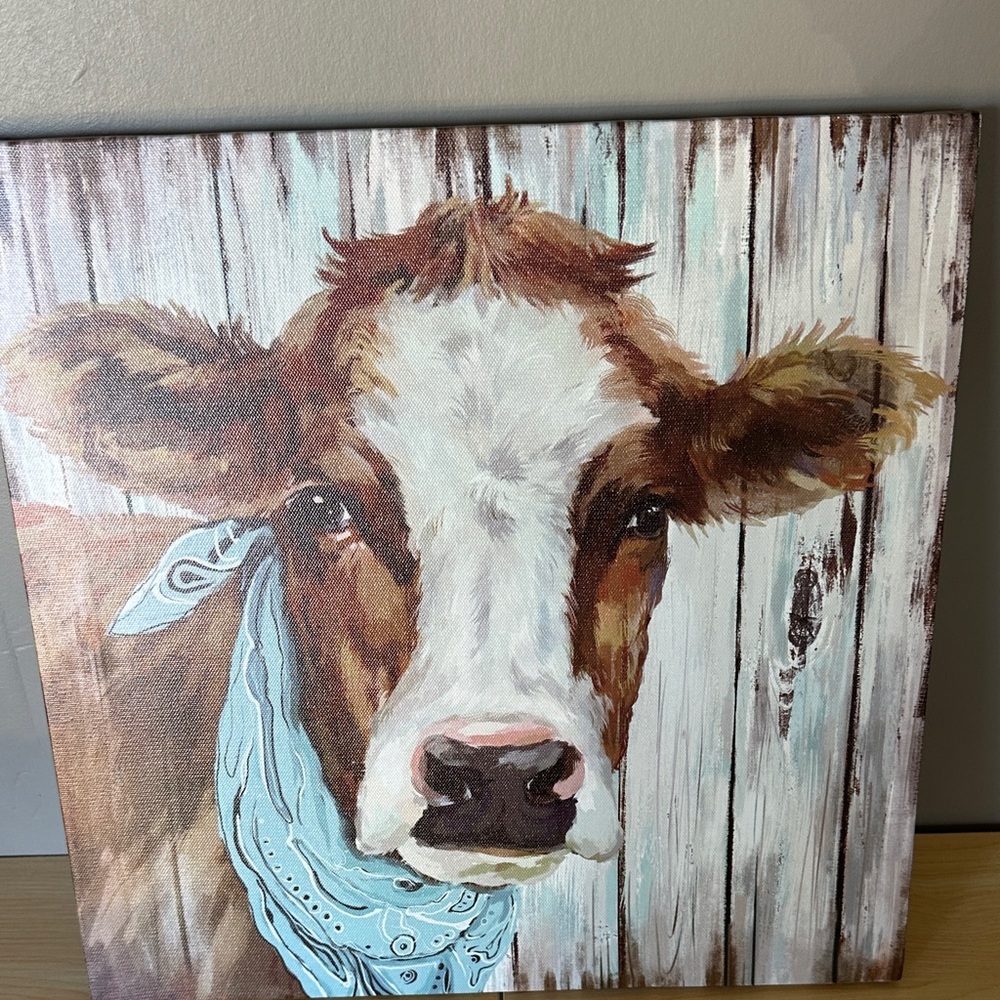 Rustic Cow Canvas Wall Art with Blue Bandana